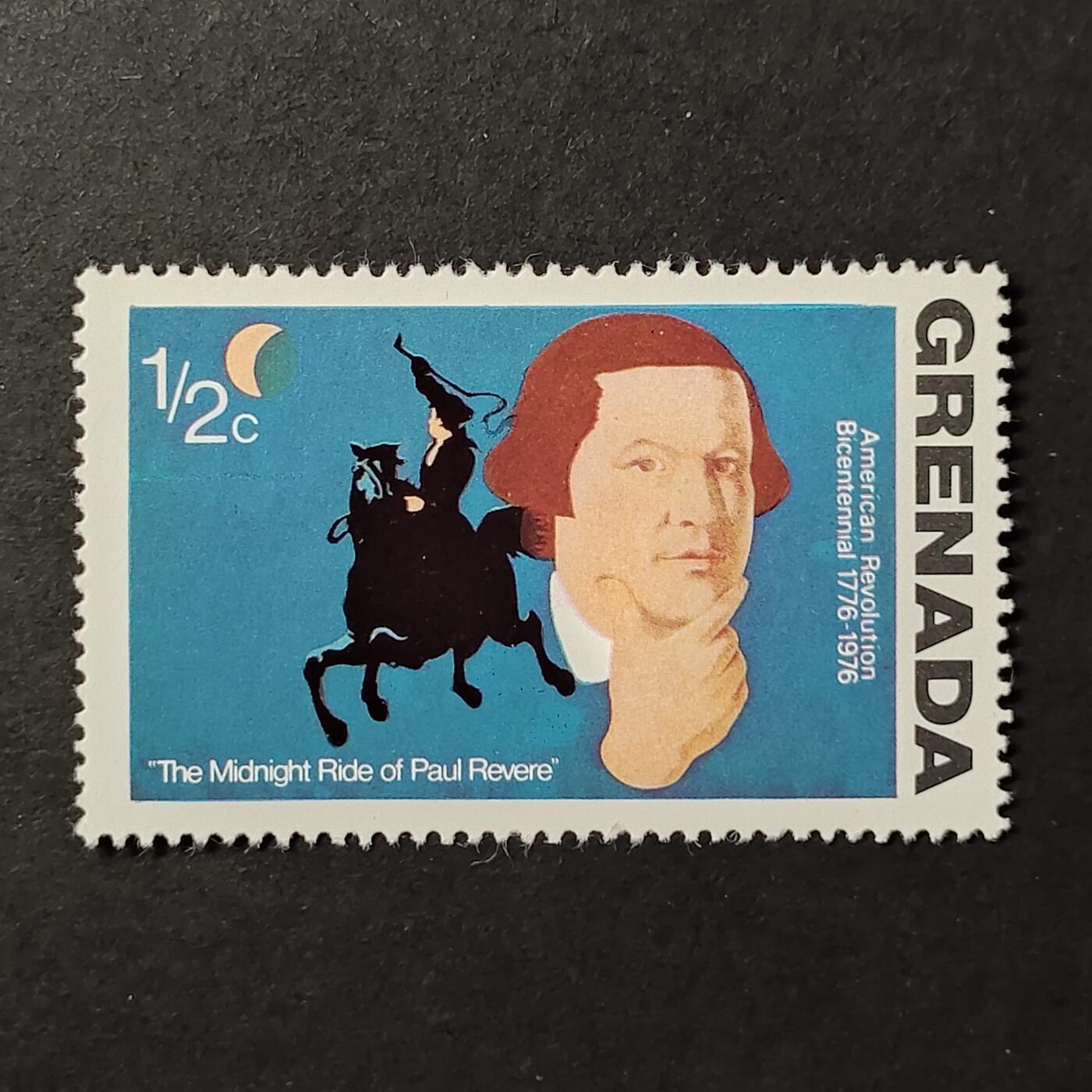 ↓君缘收藏684期☞钱币邮品↓无佣金、可寄存、满30元包邮  格林纳达邮票，1976年美国独立200周年,保罗·里维尔的午夜骑行邮票