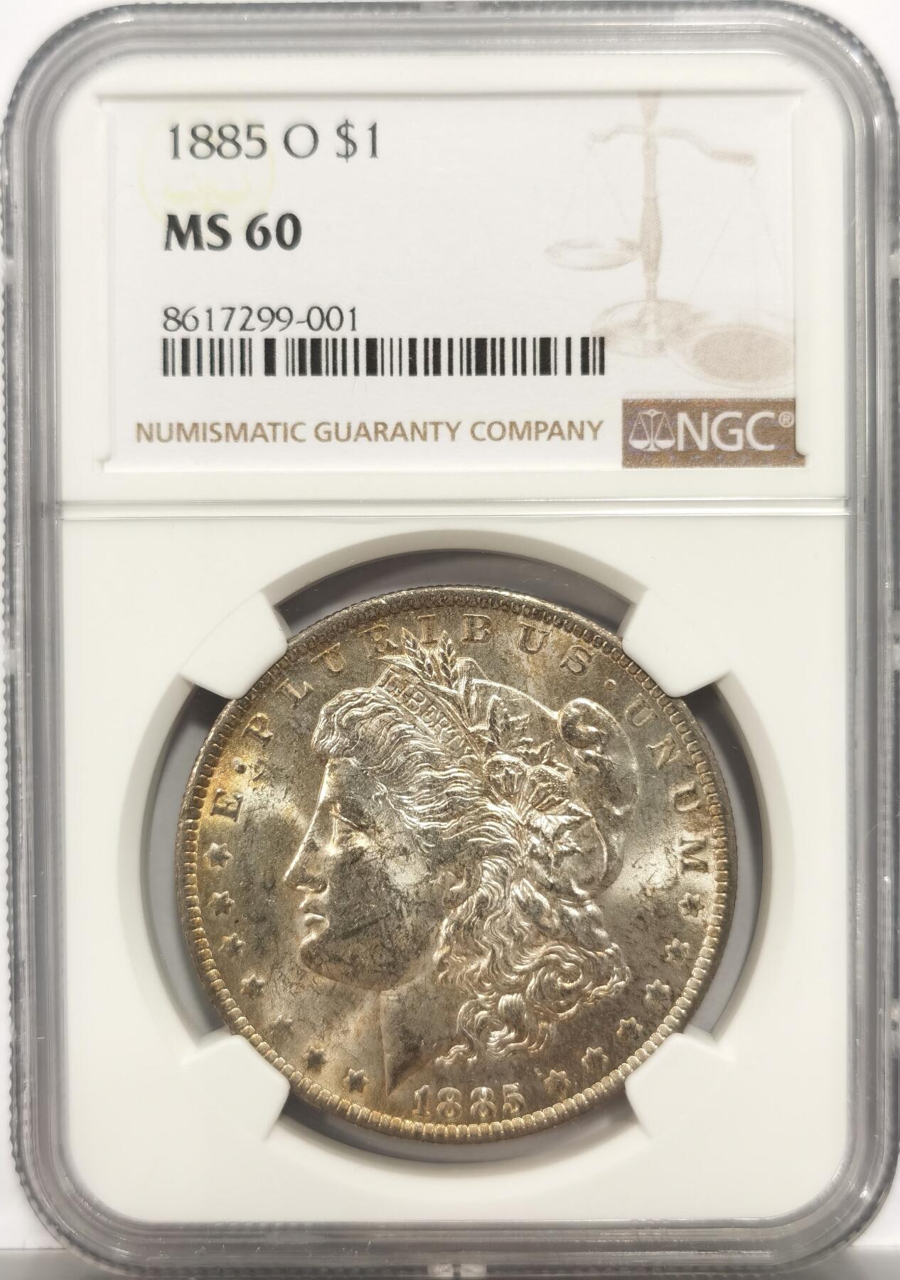 博洋堂世界钱币拍卖第153期（全场包邮） NGC MS60 美国1885年O版摩根 高分摩根易得 60分难见 作为ms入门分数的60分 十分少见 此枚光度不错 淡黄包浆 适合入藏