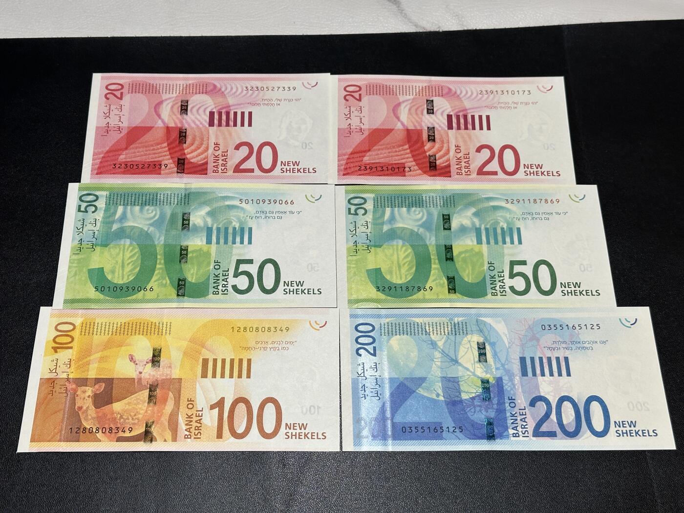 《外钞收藏家》第五百九十五期（优品场）（本平台长期征集拍品、欢迎藏友们联系合作） 以色列20、50、100、200谢克尔 六张一起 全新UNC  20和50分别有两张