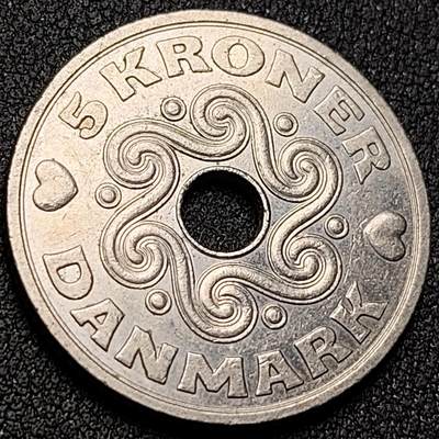 泉币菌-第151场-精品福利场 - 心心相印 丹麦5克朗圆孔铜镍硬币 28.5毫米9.2克