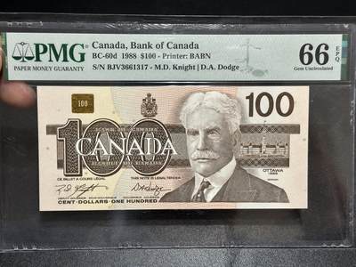 《外钞收藏家》第五百九十五期（优品场）（本平台长期征集拍品、欢迎藏友们联系合作） - 1988年加拿大鸟版100加元 PMG66 尾317