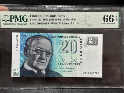 《外钞收藏家》第五百九十五期（优品场）（本平台长期征集拍品、欢迎藏友们联系合作） - 1993年芬兰20马克 PMG66 尾88