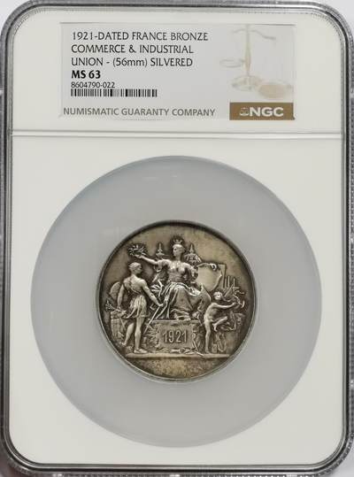博洋堂世界钱币拍卖第153期（全场包邮） - NGC MS63 法国1921年工业博览会镀银大铜章，50mm大尺寸，可入藏高分！