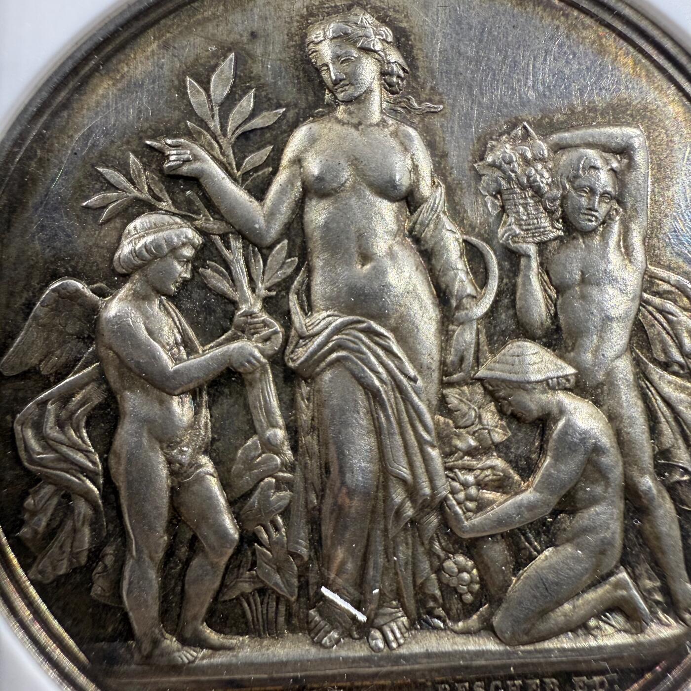 「木头集藏」“冬至雅藏”——章牌精品专场！ A.Borrel～1876年法国厄尔-卢瓦省德勒农业竞赛银章，MS62， 直径：42mm，蜜蜂边铭早期版本，高浮雕很有细节。