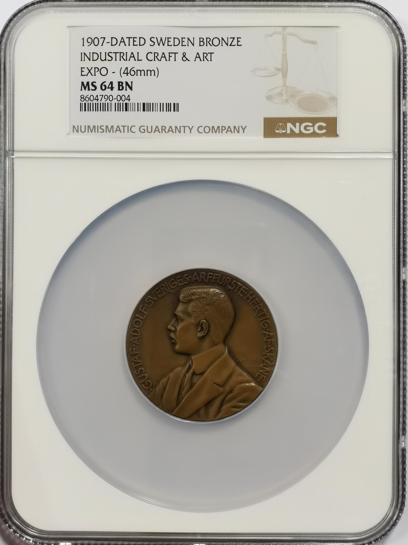 博洋堂世界钱币拍卖第153期（全场包邮） NGC MS64 瑞典1907年艺术与工业博览会大铜章。64分高分不易