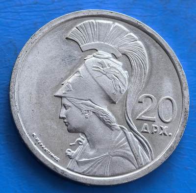 外国优质老铜币高银银币，周六九点倒数截拍，满百包邮，持续收拍 - 希腊1973年20德拉克马，正面是戴盔雅典娜，背为火凤凰，融合神话与重生象征，设计独特，见证希腊文化与货币史