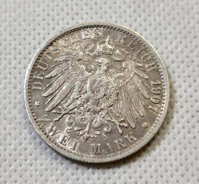 甄臻铺-世界币章拍卖（第44期）精品场拍品征集中，送拍享返佣金等优惠多多 德国威廉二世2马克 1907年  发行量8110264枚   长翅鹰  28mm   11.1g  90%Ag，细节见图