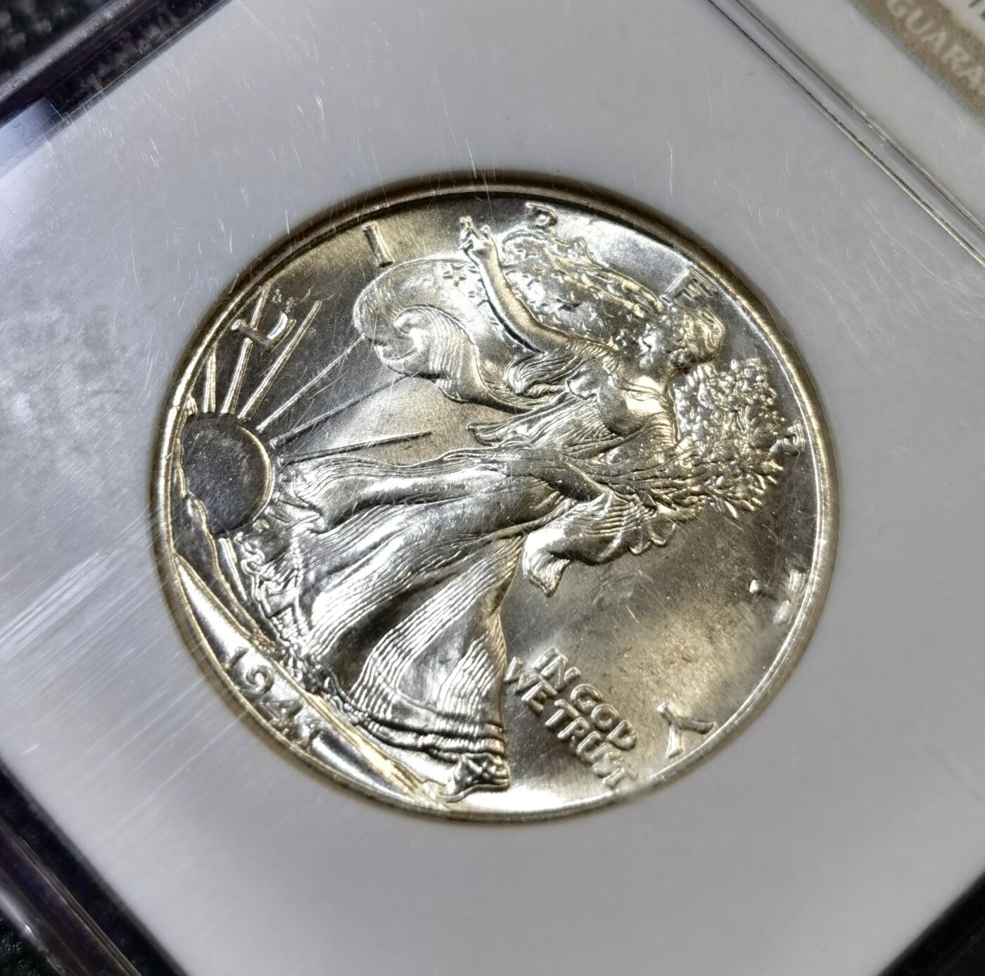 甄臻铺-世界币章拍卖（第44期）精品场拍品征集中，送拍享返佣金等优惠多多 NGC-MS65 1941年美国行走女神半美元，早期高分，小白盒手感超级好