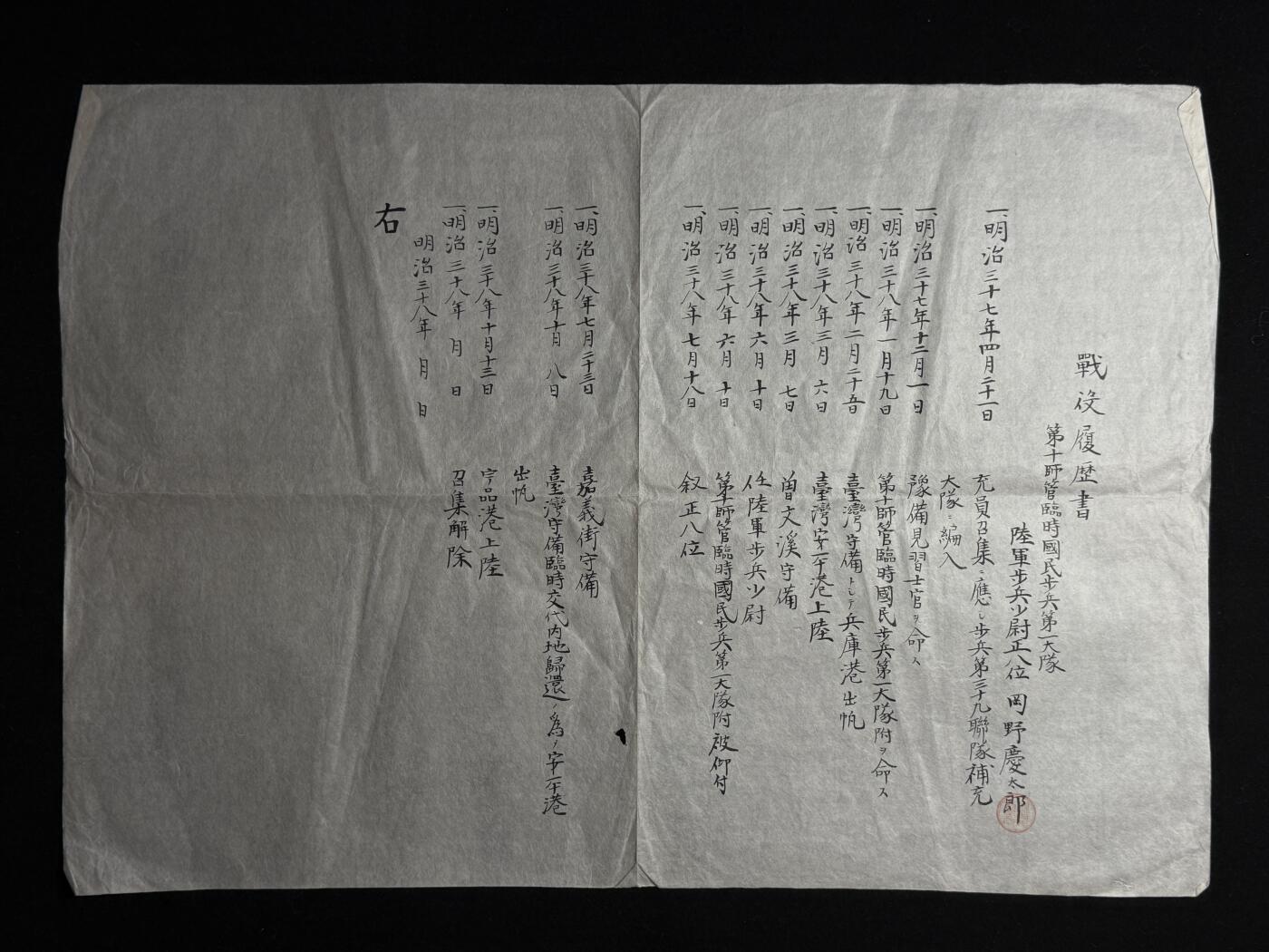 欢庆元旦！戎马世界章牌大赏第109期元旦大拍 日本明治时期战争履历书与经历书一组，属于罔野庆太郎，履历主要为台湾守备