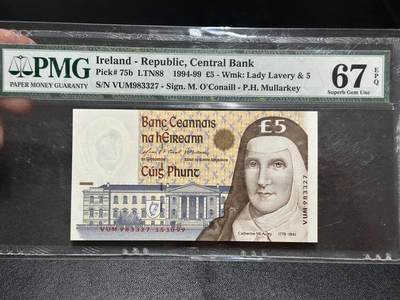 《外钞收藏家》第五百九十五期（优品场）（本平台长期征集拍品、欢迎藏友们联系合作） - 1999年爱尔兰5镑 PMG67