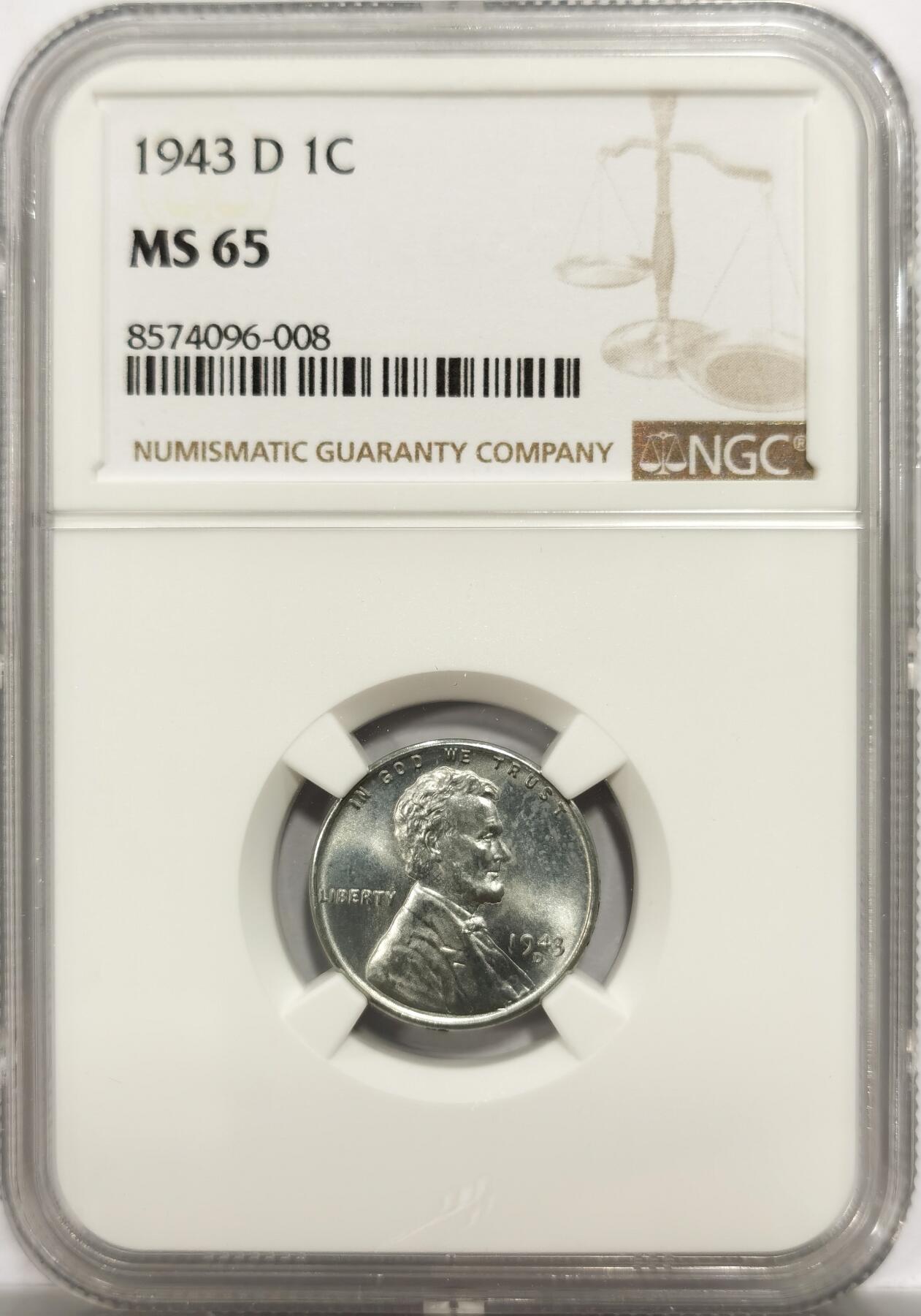 博洋堂世界钱币拍卖第153期（全场包邮） NGC MS65 美国1943年1美分铁币，独立年份，二战时期特殊材质，少见D版