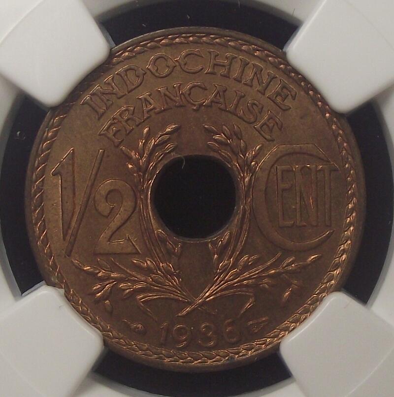 【NGC-MS65RD冠军】法属印支1936年1/2分铜币
