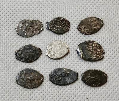 甄臻铺-世界币章拍卖（第44期）精品场拍品征集中，送拍享返佣金等优惠多多 - 沙俄1700-1717年彼得一世1戈比打制银币9枚 鱼鳞币 打制银币 少见品种，细节见图