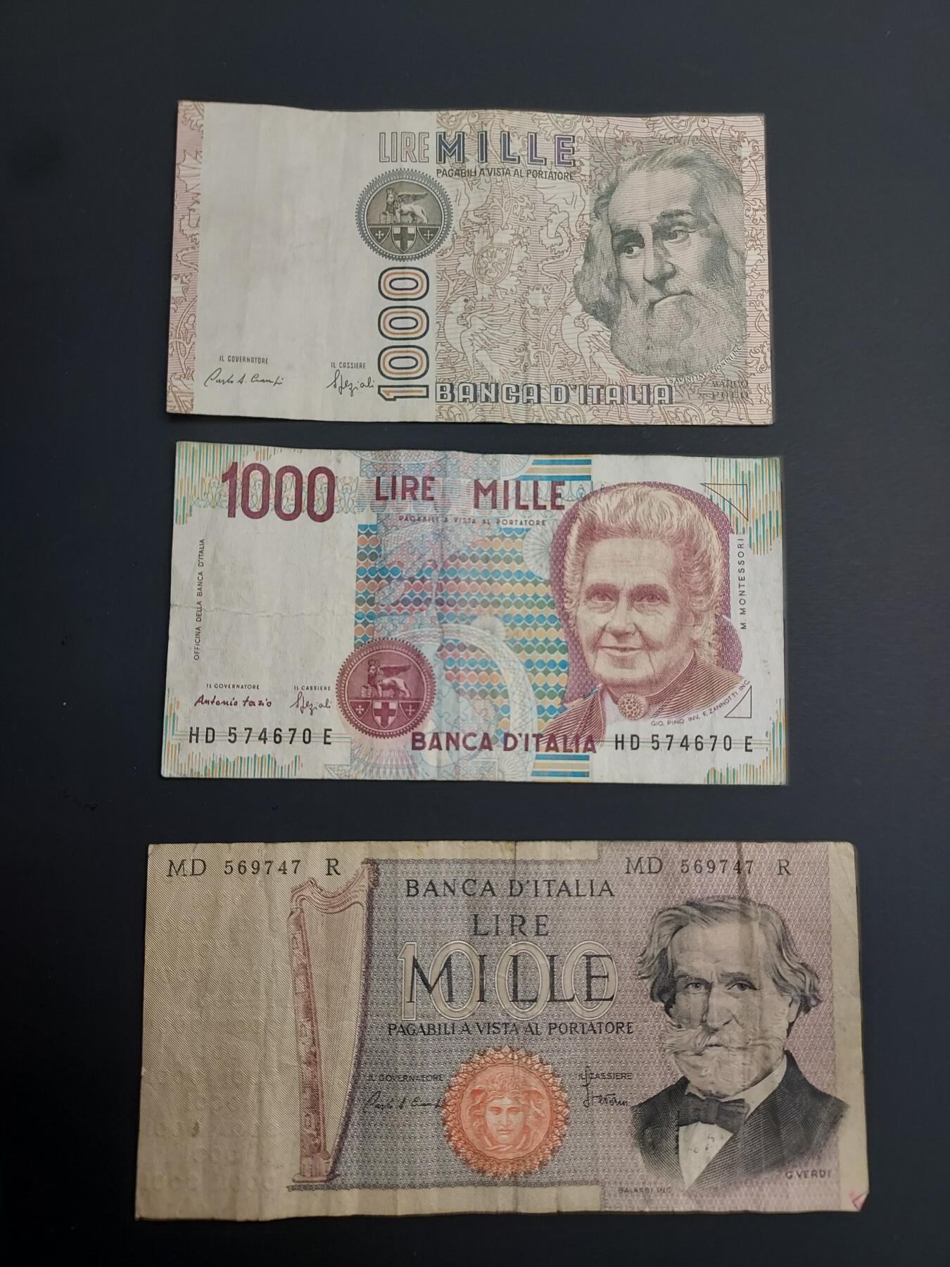 博彦收藏    12月22日 8点 钱币专场 全场包邮 意大利1000里拉3种 流通品