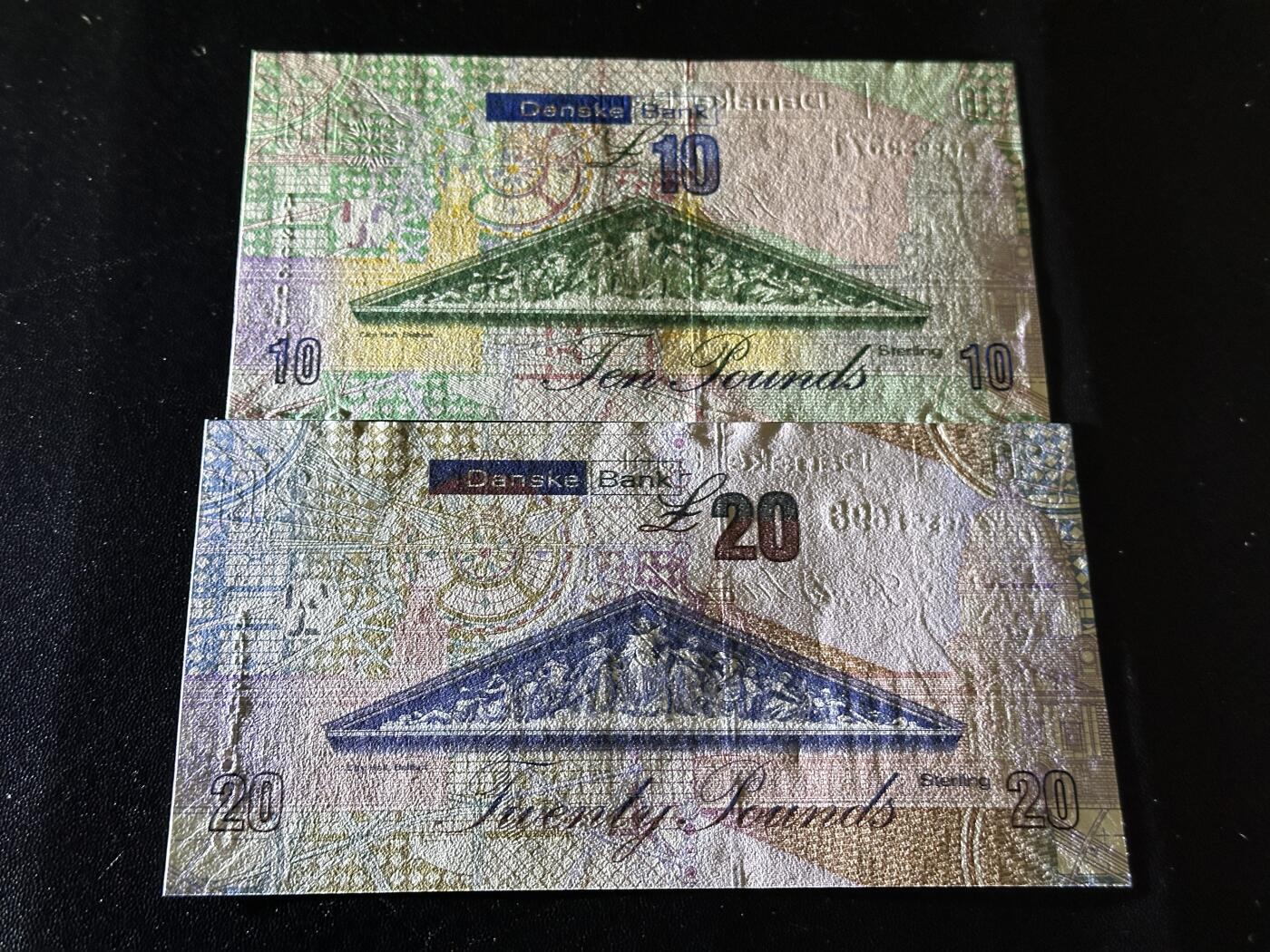 《外钞收藏家》第五百九十五期（优品场）（本平台长期征集拍品、欢迎藏友们联系合作） 北爱尔兰丹斯克银行10和20镑 AA冠 2张一起 全新UNC 