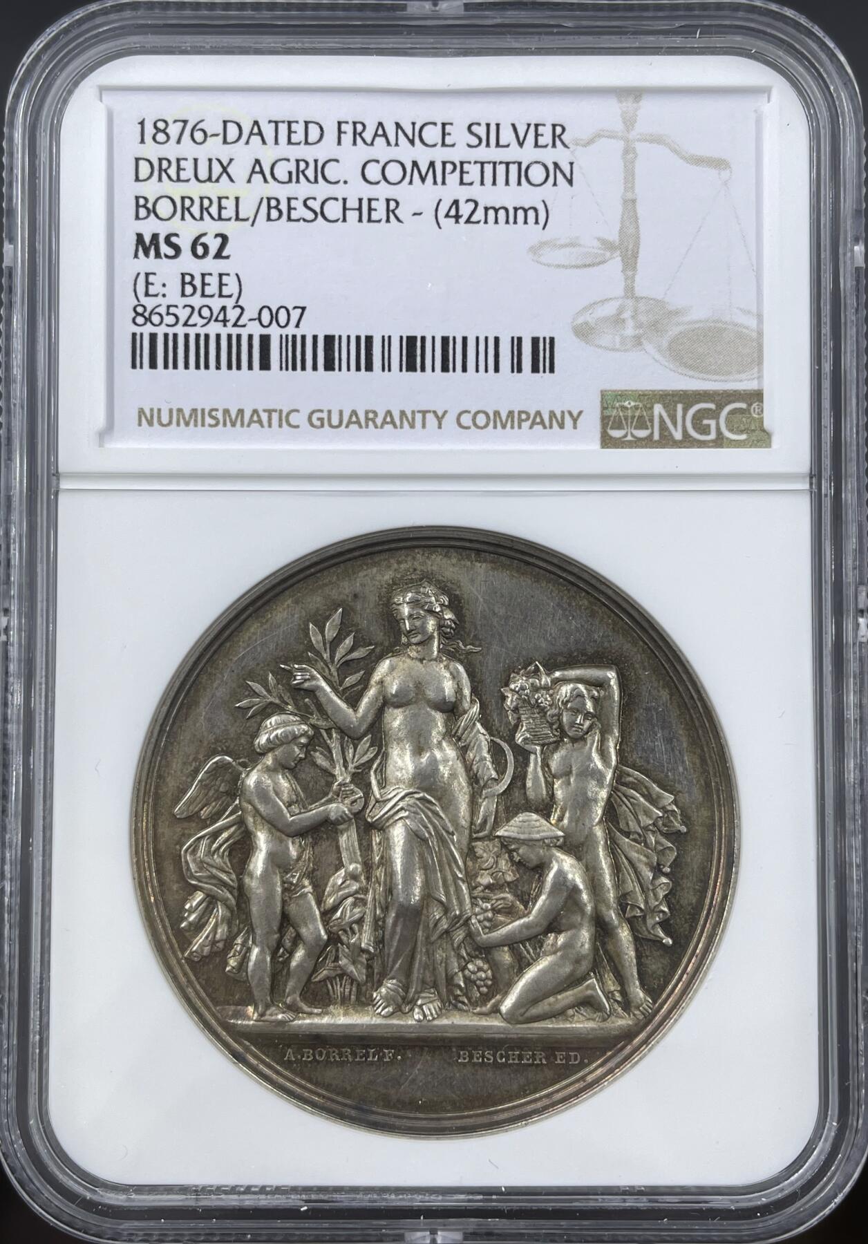 「木头集藏」“冬至雅藏”——章牌精品专场！ A.Borrel～1876年法国厄尔-卢瓦省德勒农业竞赛银章，MS62， 直径：42mm，蜜蜂边铭早期版本，高浮雕很有细节。