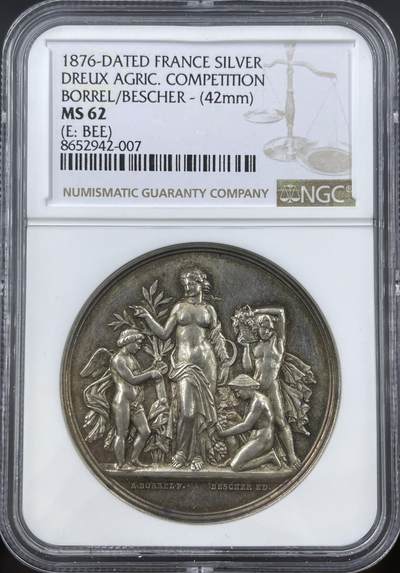 「木头集藏」“冬至雅藏”——章牌精品专场！ - A.Borrel～1876年法国厄尔-卢瓦省德勒农业竞赛银章，MS62， 直径：42mm，蜜蜂边铭早期版本，高浮雕很有细节。