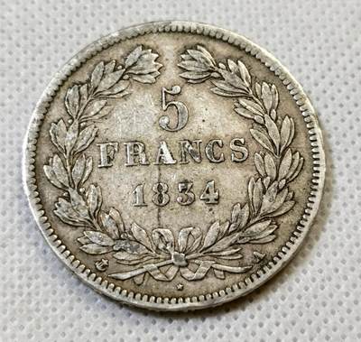 甄臻铺-世界币章拍卖（第44期）精品场拍品征集中，送拍享返佣金等优惠多多 好品相法国1834菲利普一世巴黎造币厂五法郎银币，须发清晰，XF45标准器，现在这枚光银价就315元了，后市行情见长，好品值得入手，细节见图
