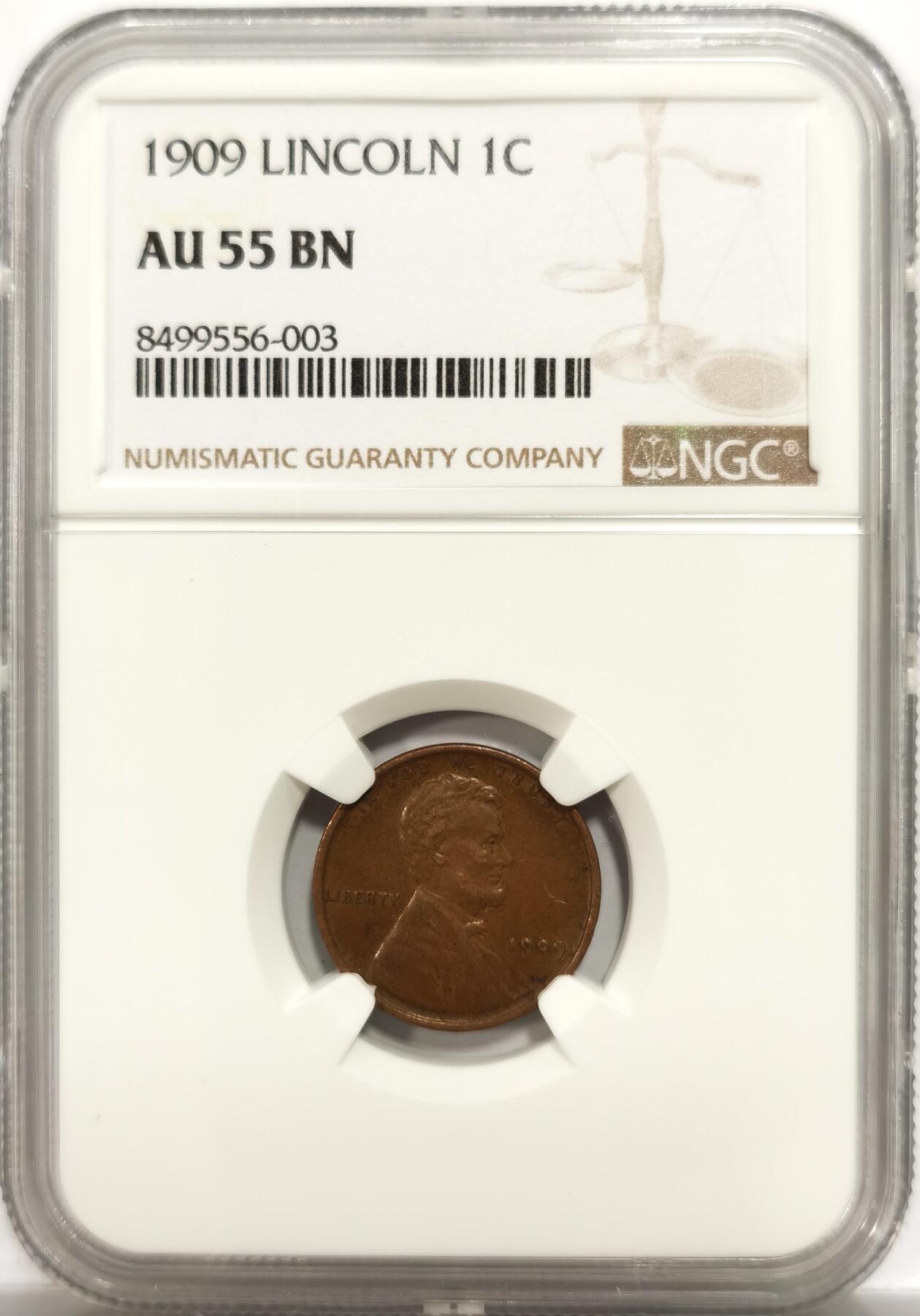 博洋堂世界钱币拍卖第153期（全场包邮） NGC AU55BN 美国1909年林肯1美分，林肯一美分首年分，也是纪念林肯总统诞辰100周年发行，稀有年份