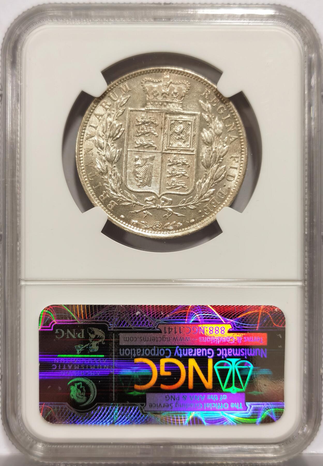 博洋堂世界钱币拍卖第153期（全场包邮） NGC AU58 英国1885年1/2克朗-半克朗 维多利也女王头像银币 稀少年份，NGC老壳，这枚币的细节状态挺好，不知道为什么给了个尴尬分数，早年购入价格约660澳元