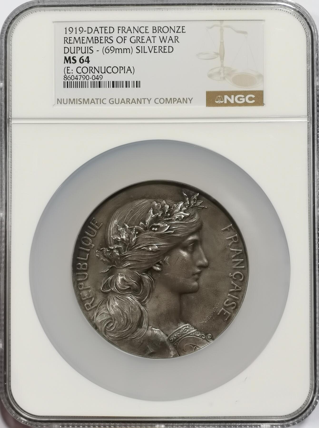 博洋堂世界钱币拍卖第153期（全场包邮） NGC MS64 法国1919年纪念一战巨大铜镀银章，69mm的玛丽安奴高浮雕非常震撼！