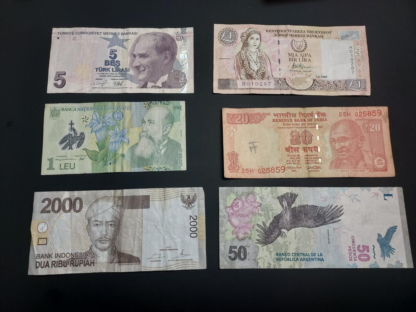 博彦收藏    12月22日 8点 钱币专场 全场包邮 土耳其等外国纸币6张 流通品