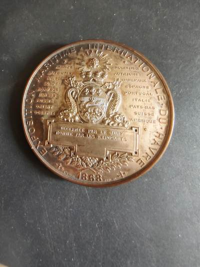 老王徽章第170期 - 法国1868勒阿弗尔海事国际博览会镀银大铜章    单面    直径60mm     重量70.7g      蜜蜂Cuivre铜标