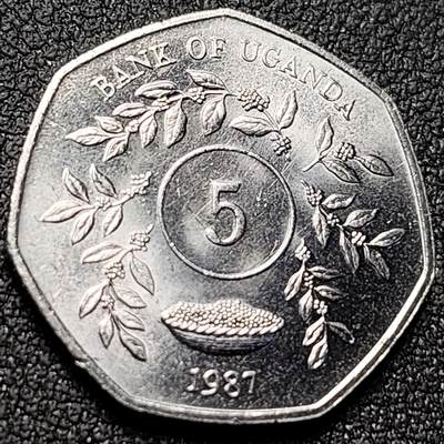 泉币菌-第151场-精品福利场 - 原光美品 咖啡豆 乌干达1987年5先令 多边形硬币 20.23毫米 3.5克