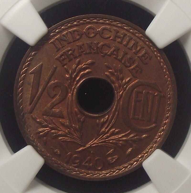 【NGC-MS65RB亚军】法属印支1940年1/2分铜币
