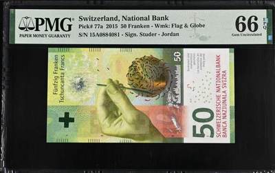 【礼羽收藏】🌏世界钱币拍卖第116期 - 【ibns获奖钞】2015瑞士50法郎 首发15A+Jordan签 PMG66 