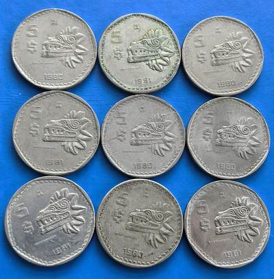 外国优质老铜币高银银币，周六九点倒数截拍，满百包邮，持续收拍 - 墨西哥80年代龙头5比索9枚