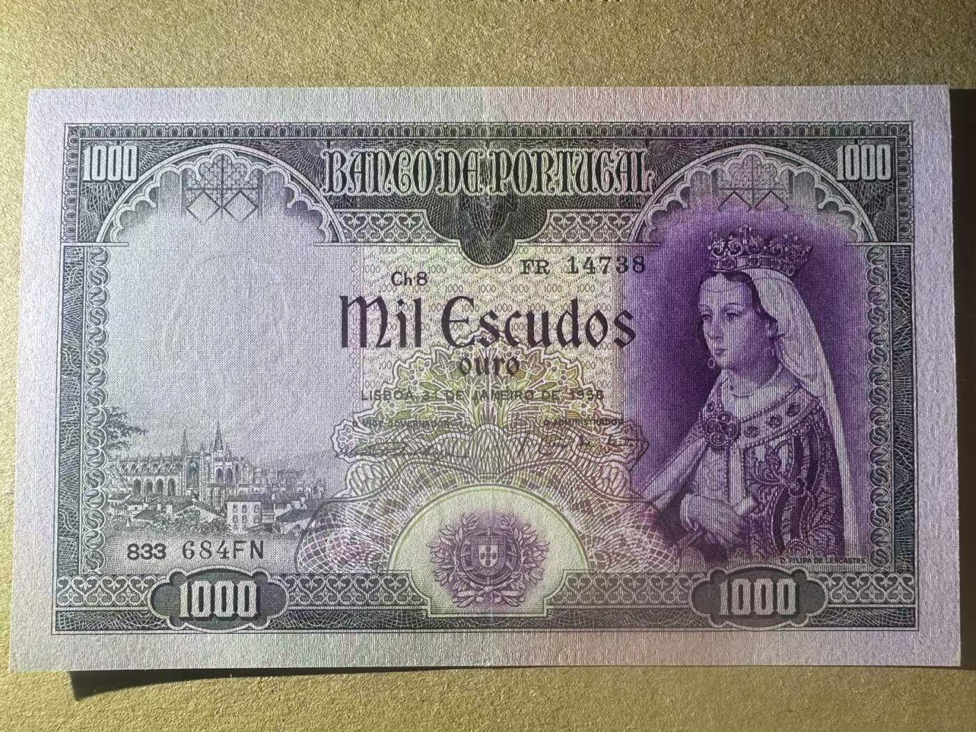 【Blue Auction】世界纸币精拍第764期——18级TOP拍卖/信誉/品质/专业/高效💫 葡萄牙 1956年1000埃斯库多 费丽帕女王 AU- 品相