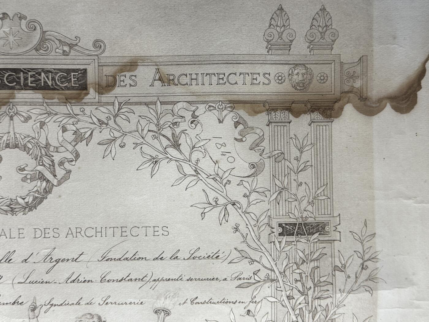欢庆元旦！戎马世界章牌大赏第109期元旦大拍 法国中央建筑师协会银奖证书，1920年授予Lucien Adrien Laurent