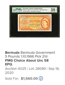 【Blue Auction】世界纸币精拍第764期——18级TOP拍卖/信誉/品质/专业/高效💫 百慕大 1966年5镑次高值 BWC出品 大冠女王 PMG58EPQ 近新原票 赏心悦目的一张 这张纸币展示了该系列纸币的最后发行日期（这张纸币的最终序列号为 T/1 800,000 表明它来自发行最后一批纸币的批次）十进制货币改革前曾短暂流通 值得收藏 