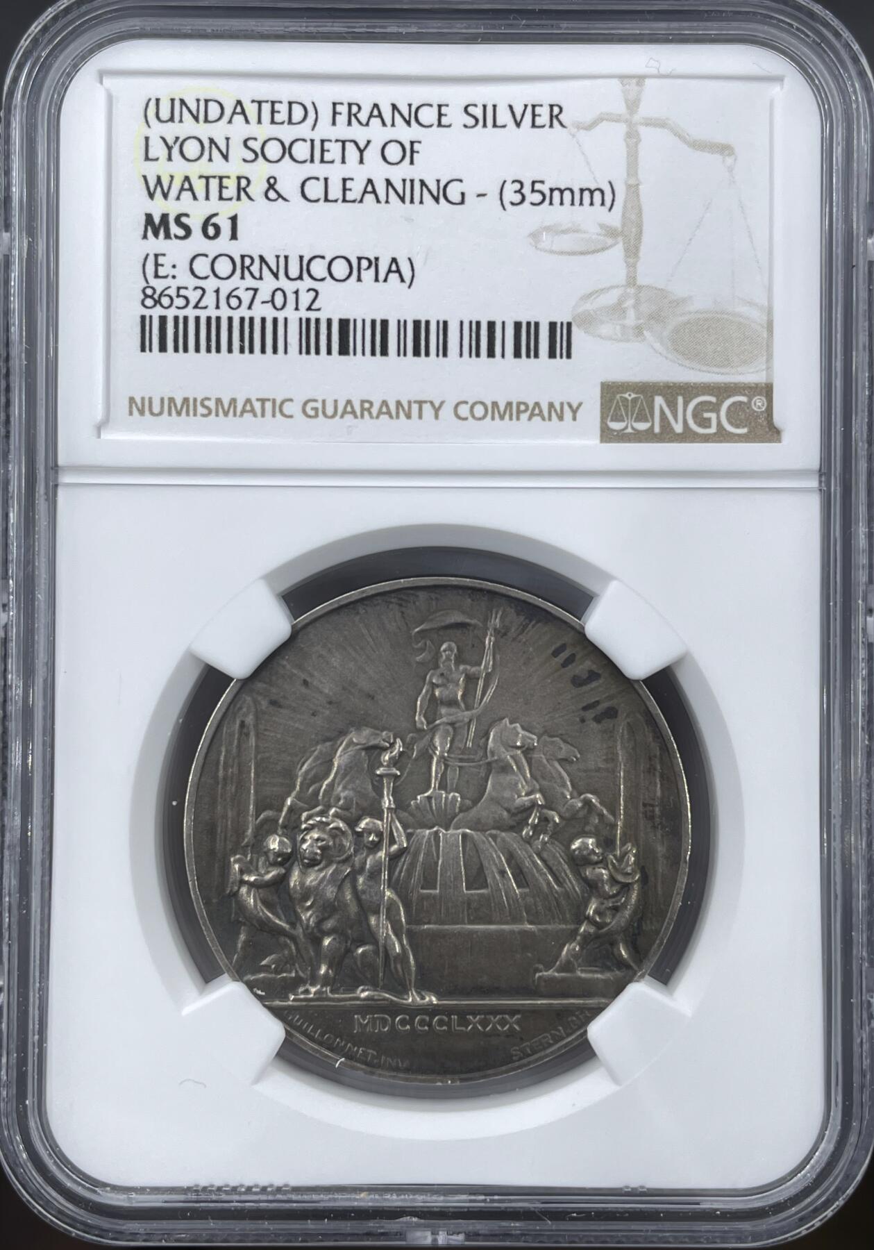 「木头集藏」“冬至雅藏”——章牌精品专场！ 1870年法国里昂水务与清洁协会银章，MS 61 ，直径：35 mm，少见银章，很精致。