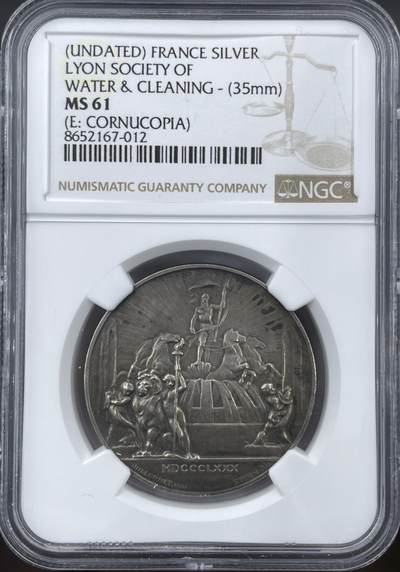 「木头集藏」“冬至雅藏”——章牌精品专场！ - 1870年法国里昂水务与清洁协会银章，MS 61 ，直径：35 mm，少见银章，很精致。