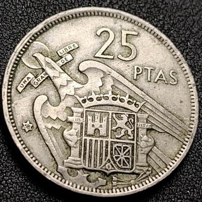 泉币菌-第151场-精品福利场 - 西班牙1957年25比塞塔銅镍硬币 弗朗西斯科佛朗哥26.5mm8.5g