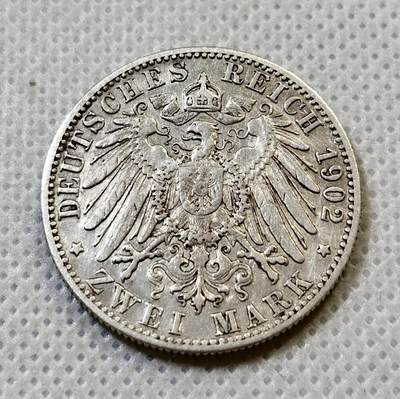 甄臻铺-世界币章拍卖（第44期）精品场拍品征集中，送拍享返佣金等优惠多多 德国符腾堡2马克1902年  发行量815620枚  长翅鹰 28mm   11.1g   90%Ag，细节见图