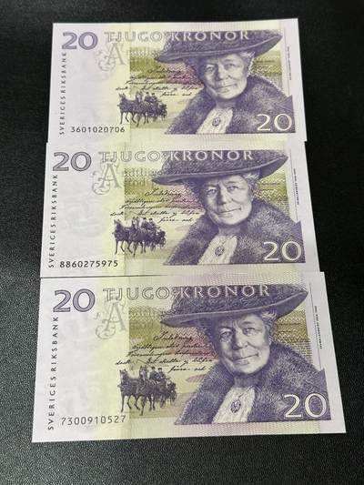 《外钞收藏家》第五百九十五期（优品场）（本平台长期征集拍品、欢迎藏友们联系合作） - 瑞典20克朗 3张3个签名 全新UNC 