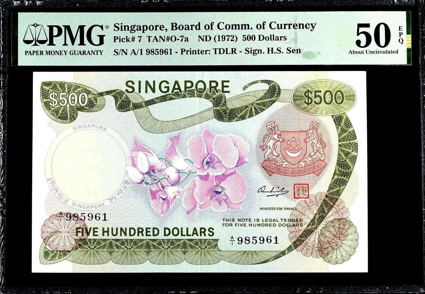 【Blue Auction】世界纸币精拍第764期——18级TOP拍卖/信誉/品质/专业/高效💫 【A/1首发冠 无47 近新原票少见】新加坡 首套 花版 1972年500元 高值PMG50EPQ 绝美国花胡姬花 背面系新加坡位于St.Andrew's街道的政府大楼 值得收藏