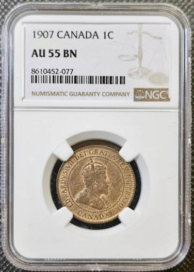 甄臻铺-世界币章拍卖（第44期）精品场拍品征集中，送拍享返佣金等优惠多多 - NGC-AU55BN 加拿大1907年一分铜币，应该是MS的品相，低评了，饱满铜光，加拿大早期铜币好品相的都不容易