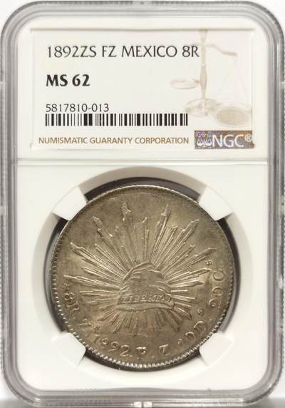 博洋堂世界钱币拍卖第154期（全场包邮） - NGC MS62 墨西哥1892年ZS FZ版花边鹰洋，原味包浆