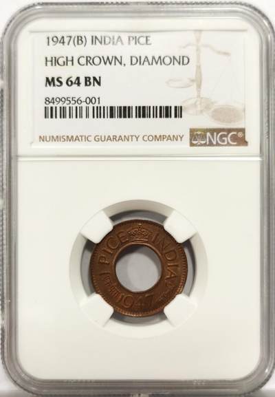 博洋堂世界钱币拍卖第153期（全场包邮） - NGC MS64BN 印度1947年1派沙中孔小铜币，是英属印度的关门年份币，少见年份，当年印度即独立了，很有纪念意义的一枚，分数合格