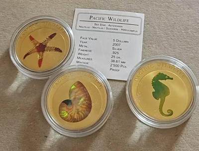 ❤️【币观天下】❤️ 第335期钱币拍卖- 2025.12.19周五晚上6点半场-长期征集拍品 - 帕劳2007年海洋动物幻彩银币三枚带证书