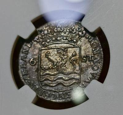 甄臻铺-世界币章拍卖（第44期）精品场拍品征集中，送拍享返佣金等优惠多多 NGC-XFD 1763年荷兰泽兰省6先令银币，早期少见