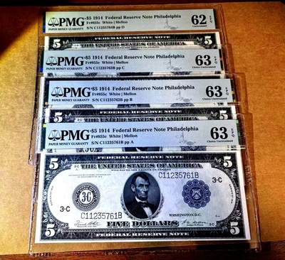 【Blue Auction】世界纸币精拍第764期——18级TOP拍卖/信誉/品质/专业/高效💫 -  【一组4张连号 包含PP A-PP D非常少见】美国 1914年5美金 纽约版 大票幅 正面林肯 背面征服者登陆大场景雕刻精美 PMG63EPQ-62EPQ全新原票（示例：老美金一般都是4张一个大版裁切开的 百年前老美金如今还能遇到一个大版上的4张连号很少见）