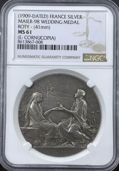 「木头集藏」“冬至雅藏”——章牌精品专场！ - O.Roty～1909年法国“SEMPER”永恒的爱 婚礼纪念银章，MS 61，直径：41 mm，立体刻字很美，名家经典。