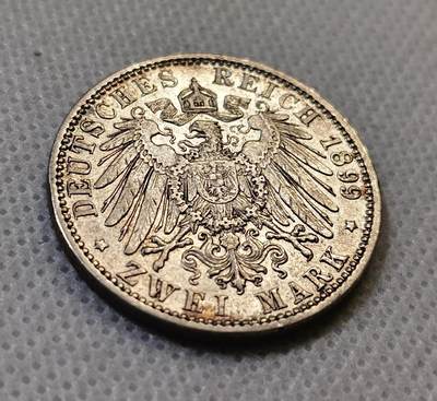 甄臻铺-世界币章拍卖（第44期）精品场拍品征集中，送拍享返佣金等优惠多多 德国巴伐利亚奥托2马克1899年 发行量753396枚，长翅鹰  28mm   11.1g  90%Ag，细节见图