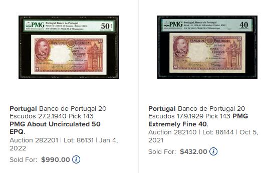 【Blue Auction】世界纸币精拍第764期——18级TOP拍卖/信誉/品质/专业/高效💫 葡萄牙 1940年20埃斯库多 较少见品种 AU+ 