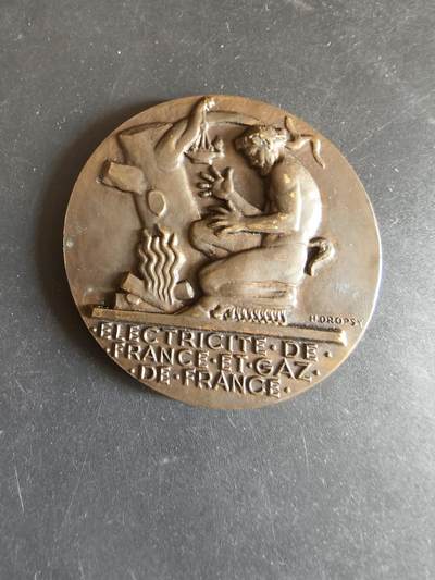 老王徽章第170期 - 法国电气公司20周年服务大铜章     大师Dropsy作品     直径54mm     重量70.7g